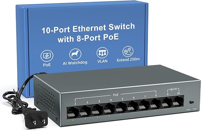 YuanLey 8 Port Gigabit PoE Switch with 2 Gigabit Uplink, 8 Port PoE+ 1000Mbps, 85W 802.3af/at, Extend Function, Metal, Fanless, AI WatchDog, Unmanaged Plug and Play Smart Detection Ethernet Switch