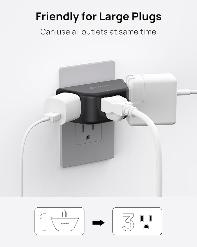 TROND Outlet Extender - 3 Prong Grounded Plug Extension Outlet, 3 Way Angled Wall Plug Splitter, Cruise Ship Essentials, Multiple Expander with 3 Electrical Sockets for Bathroom, Kitchen, Black