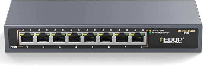 2.5G Ethernet Switch, 8 Ports Multi-Gigabit Ethernet Switch, Unmanaged, Fanless, Plug & Play, Reliable Network Splitter, Ideal for Gaming, NAS, PC, Silent, Desktop/ Wall Mount, Metal Design