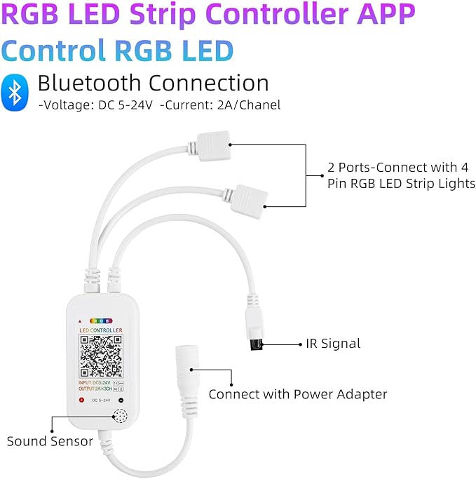 RGBZONE Bluetooth RGB LED Controller, 4-PIN Smart Music LED Strip Lights Controller, 40-Keys IR Remote Control for 5V/12V/24V SMD 5050 3528 RGB LED Strip Lights