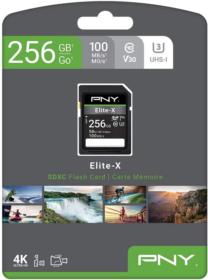 PNY 256GB Elite-X Class 10 U3 V30 SDXC Flash Memory Card - 100MB/s, Class 10, U3, V30, 4K UHD, Full HD, UHS-I, Full Size SD (Pack of 1)