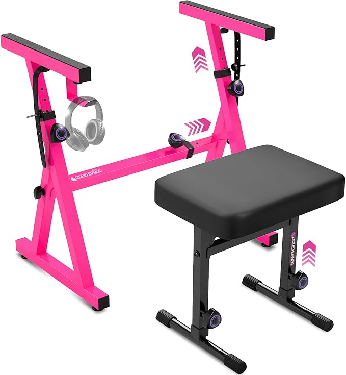 Liquid Stands Pink Portable Heavy Duty Digital Keyboard Stand and Bench Set - Adjustable Music Stand and Seat for 54-88 Key Electric Pianos
