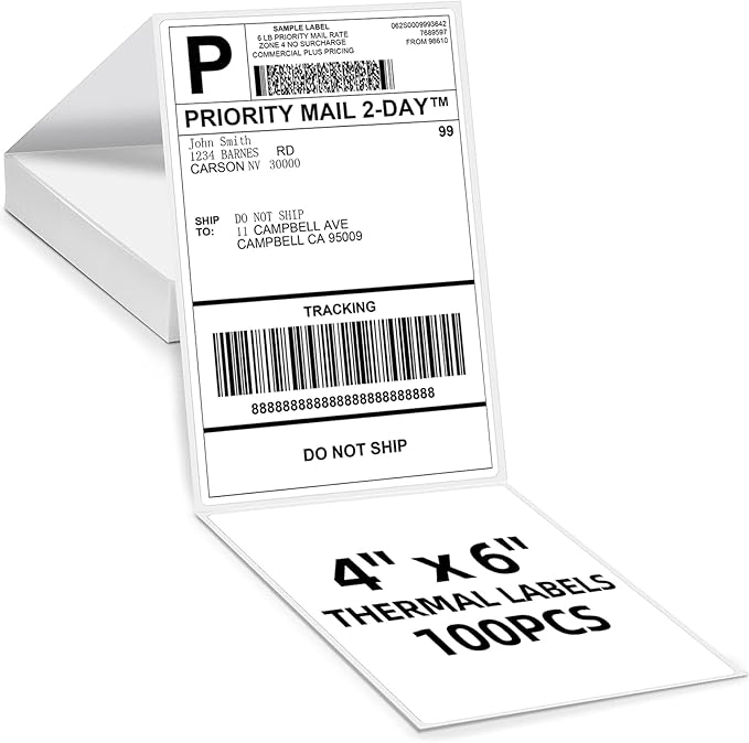 4x6 Thermal Labels, Pack of 100 4x6 Fold Thermal Labels - Compatible with JADENS, ASprink, Phomemo, Rollo, Zebra, Omezizy and Other Thermal Printers