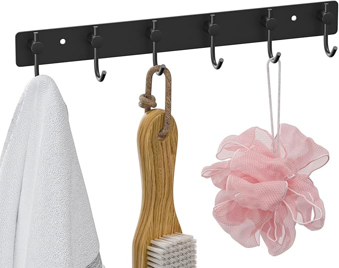 VAEHOLD Wall Hooks for Hanging, Black Coat Rack Wall Mount with 6 Coat Hooks, Towel Hanger, Hat Hooks, Robes Hook in Bathroom, Bedroom, Kitchen, Living Room (1PACK)