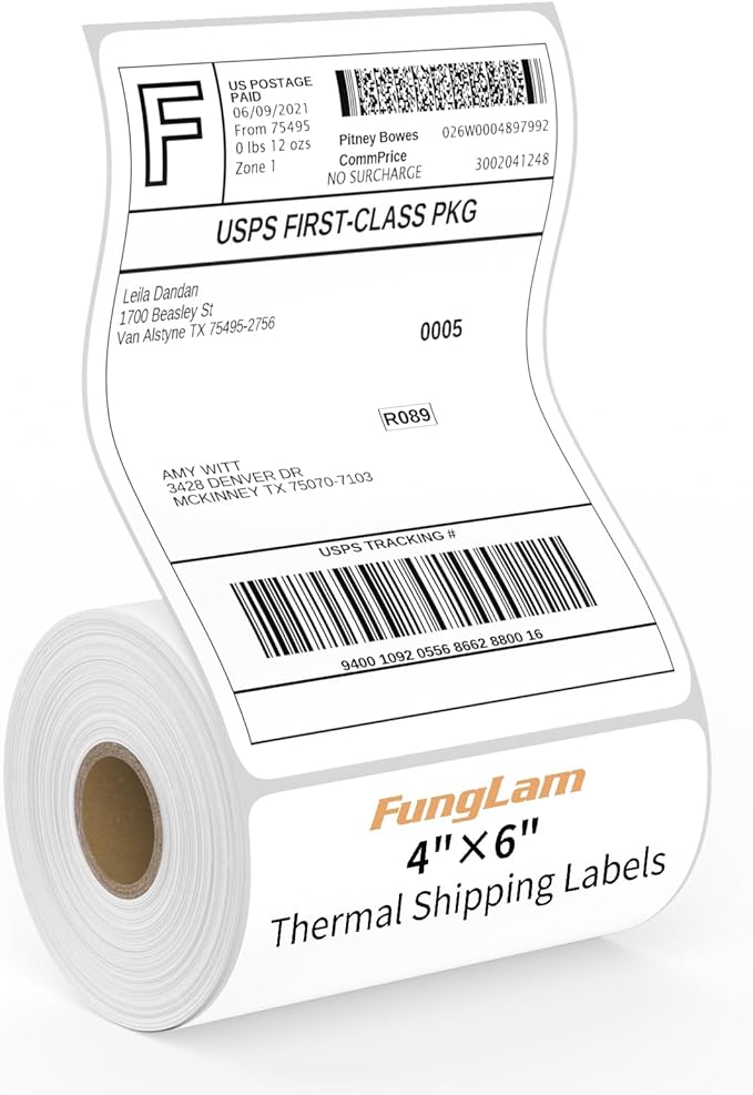 FungLam 4"X6" Thermal Shipping Labels, 4X6 Labels,White Mailing Shipping Labels, Perforated, 250 Labels,Compatible with iDPRT, JADENS and Rollo.