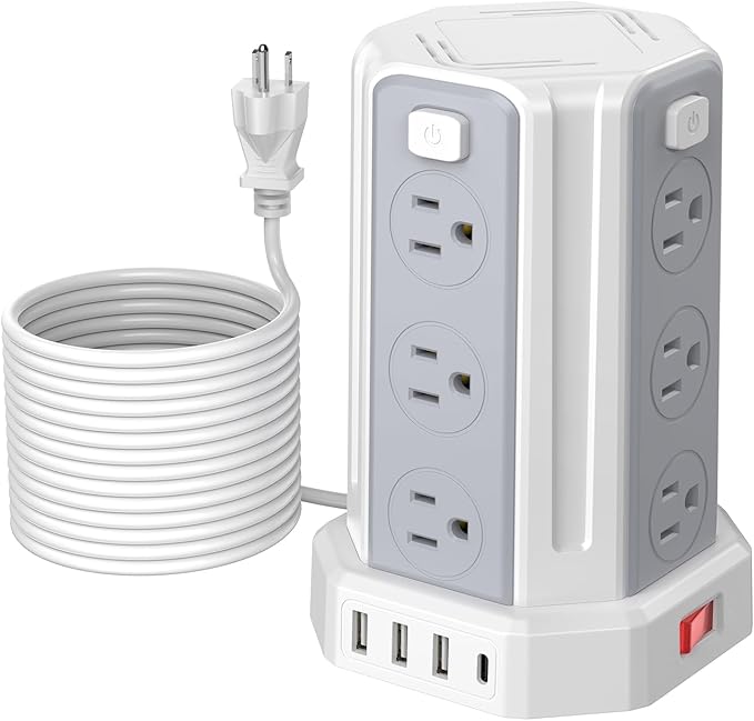 Power Strip Surge Protector, 10 Ft Extension Cord with 12 AC Multiple Outlets 4 USB (1 USB C), SMALLRT Power Tower Desktop Charging Station (White, 16.4 FT)