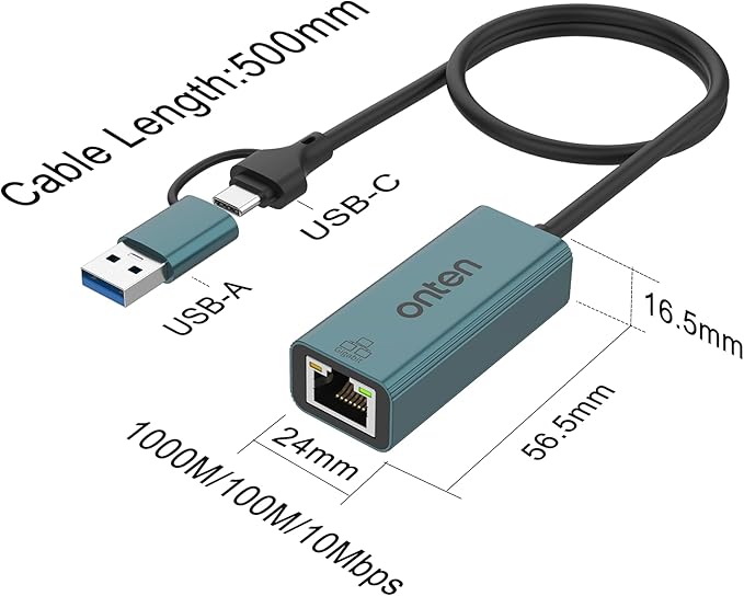 USB-A and USB-C to Ethernet Adapter,Driver Free RJ45 to USB C or USB A, Gigabit Ethernet LAN Network Adapter for Windows,Mac OS, iOS and More