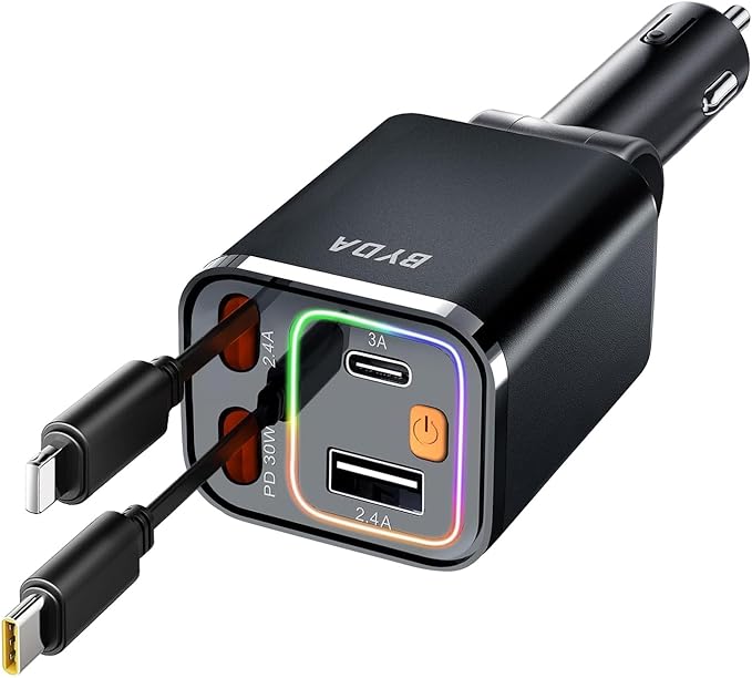 4 in 1 Retractable Car Charger for iPhone,69W USB-C Fast Car Charger,Cigarette Lighter Adapter,Fast Charging for iPhone 16/15/14/13/12/11 Pro Max,Galaxy,iPad,Pixel (USB-C&Light-ning) Alloy Black