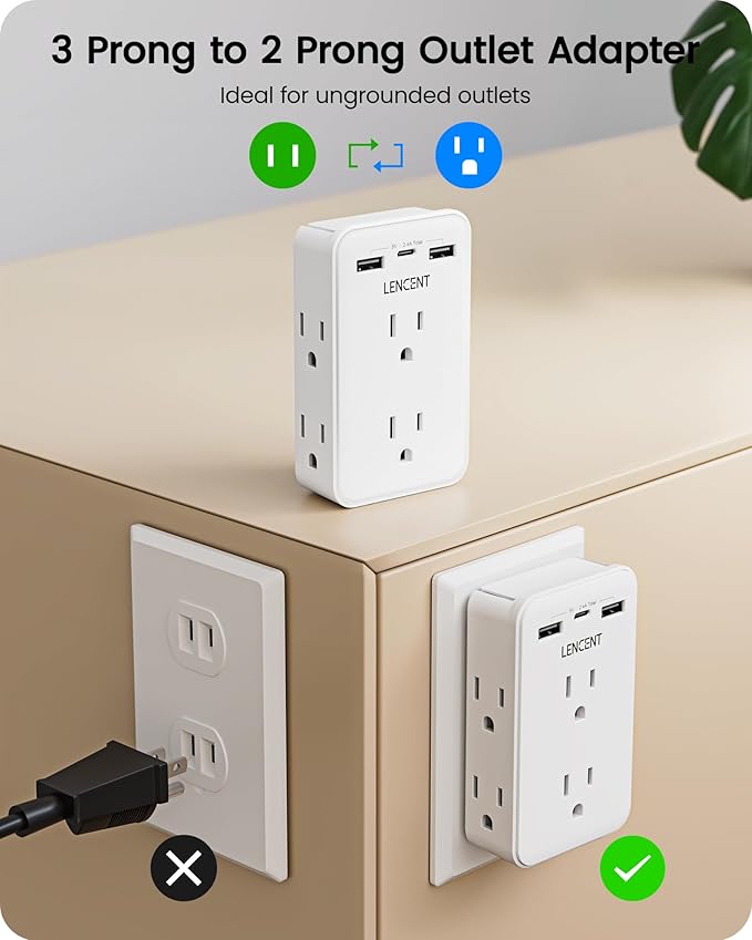 LENCENT 2 to 3 Prong Outlet Adapter, 2 Prong Power Strip with 6 AC Sockets 3 USB Ports(1 USB C), 3-Sided Wall Plug Splitter, 1875W Max, Compact Adapter for Non-Grounded Outlets in Old Houses