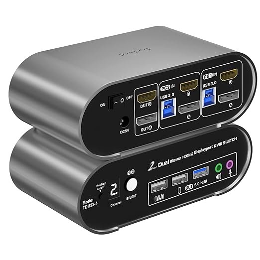 2 Computers 2 Monitors (HDMI + DP) Automatic KVM Switch, 4K@144Hz, 2K@240Hz, Hotkey Switching, Audio and Microphone Output, Aluminum Shell Digital Display, HDR10 with Cables