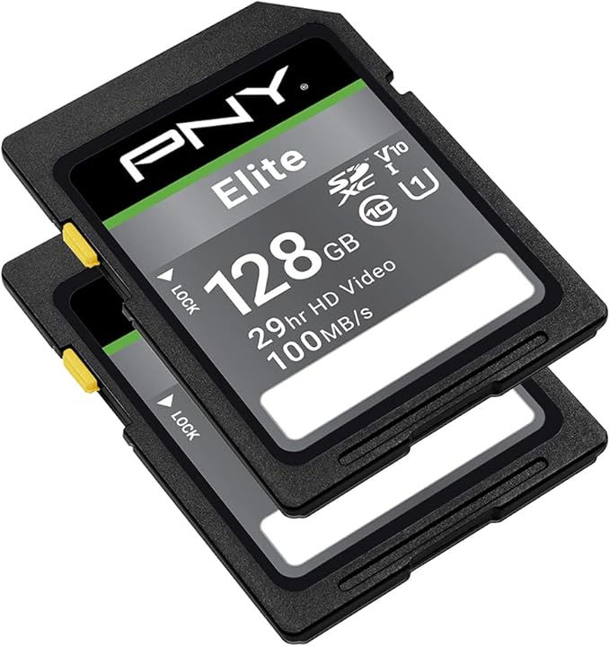 PNY 128GB Elite Class 10 U1 V10 SDXC Flash Memory Card - 100MB/s Read, Class 10, U1, V10, Full HD, UHS-I, Full Size SD (Pack of 2)