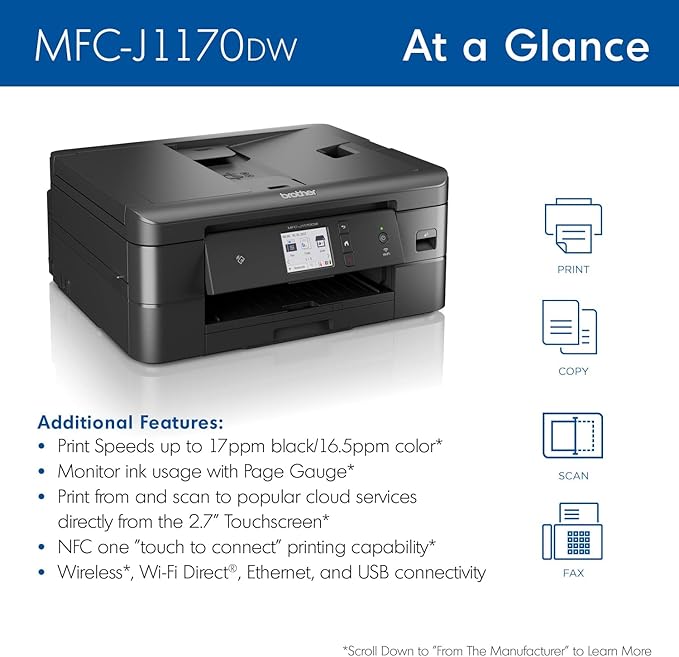 Brother MFC-J1170DW Wireless Color Inkjet All-in-One Printer, NFC One-Touch Print, Duplex, Cloud Print & Scan, Mobile App Control, 2.7" Touchscreen, Works with Alexa