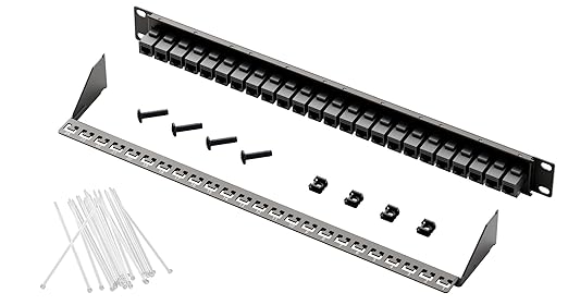 FGB 10Gbps Patch Panel 24 Port, Cat6 Keystone Patch Panel, 19" Rackmount or Wall Mount, 1U with Back Bar, Network Patch Panel for Gigabit Ethernet