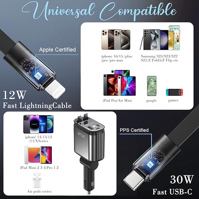 4 in 1 Retractable Car Charger for iPhone,69W USB-C Fast Car Charger with Starry Light, for Car Charger Adapter iPhone16/15/14/13/12,Android,Pixel,Cigarette Lighter Adapter(ForLightning+USB-C)