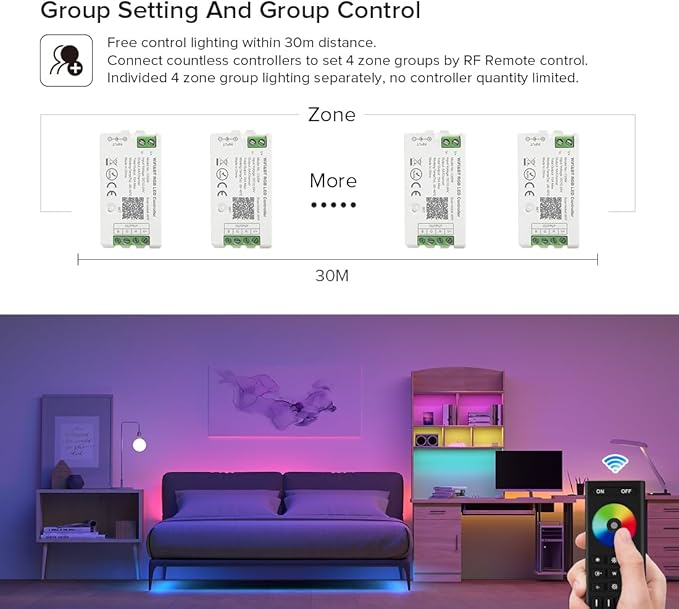 BTF-LIGHTING 5050SMD FCOB COB RGBCCT RF 2.4GHz Wireless Remote RC03RFB & C05RF Tuya Controller Kit 4 Zones Group Control PWM RGBWW(+ R G B C W) 6pin LED Strip DC5V DC12V DC24V