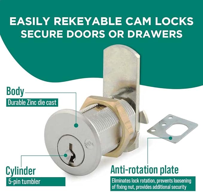 Olympus Lock DCN2 Rekeyable Cam Lock | 1-1/8" Cylinder KD Key, Keyed Different | US26D Chrome Cabinet Lock | Grade 1 | Reversible for Doors & Drawers