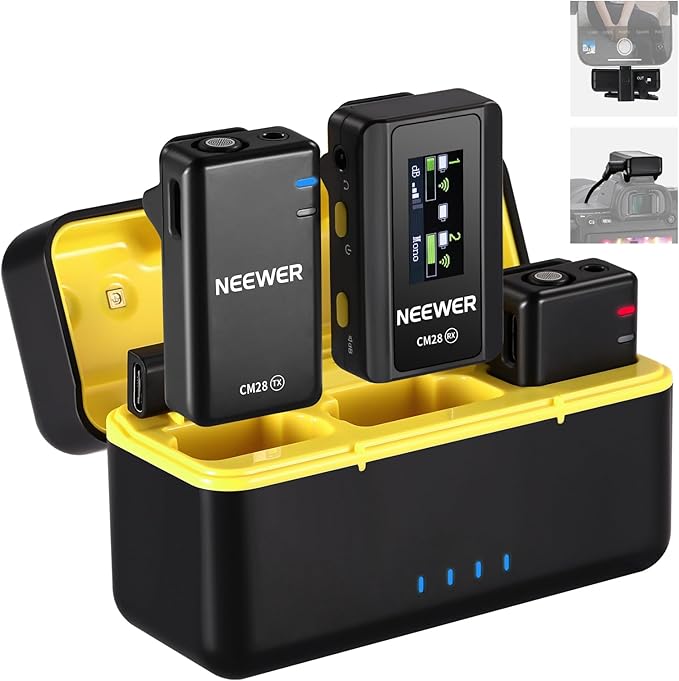 NEEWER CM28 Wireless Lavalier Microphone System with Charging Case Noise Canceling 4GB Storage 9Hrs Recording 48KHz 16 Bit Uncompressed Audio Lapel Mic Compatible with iPhone iPad Android PC Camera