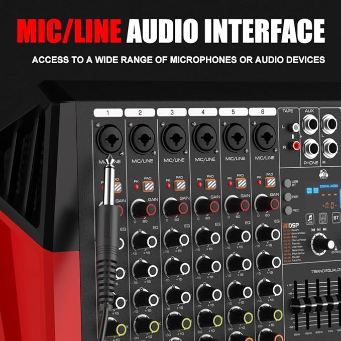 TF600 6-Channel Professional Mixer with Bluetooth Sound Bar with Power Amplifier 2 * 450W Power Output Powered Mixer, 7-Stage Equalizer, 99 DSP Effects, Recording Input USB Drive for Speakers
