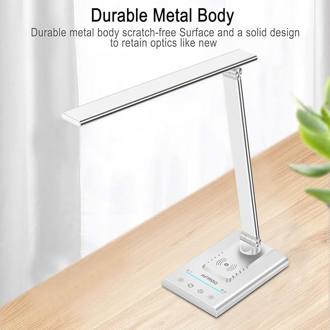 AFROG 5th Gen Multifunctional LED Desk Lamp with 10W Fast Wireless Charger, USB Charging Port,1800Lux Super Bright,5 Lighting Mode,7 Brightness, Touch Control, Auto Timer, 15W Office Table Lamp