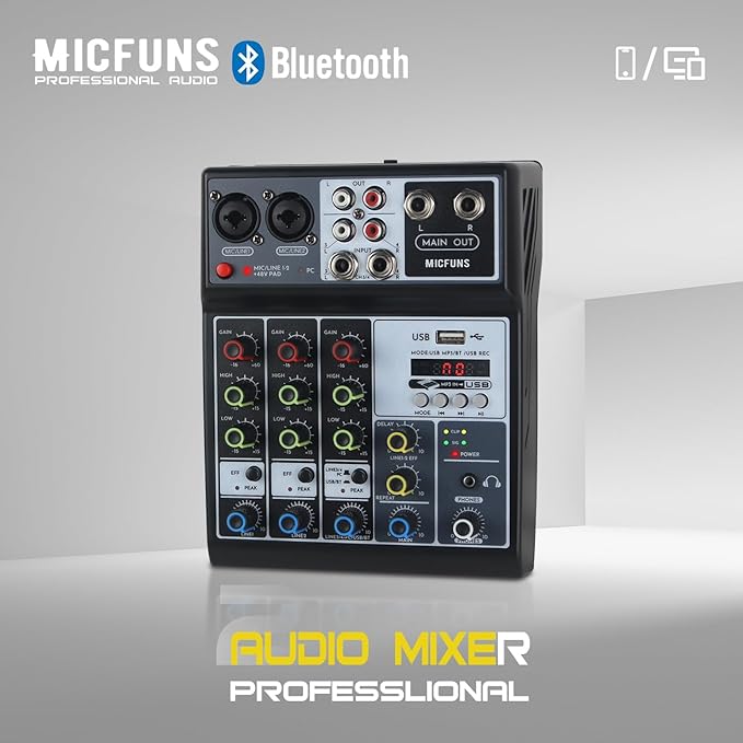 Mini audio audio mixers DJ mixer Sound Board Console System,4 Channel 48V Phantom Power with Bluetooth USB MP3 Stereo live DJ Studio Streaming for professional recording party KTV stage