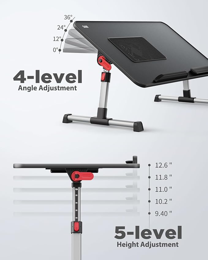 Laptop Desk for Bed with Cooling Fan, SAIJI Height & Angle Adjustable Laptop Stand for Bed, Lap Desk Tray Table, Lightweight Foldable Portable Computer Table for Couch Sofa Chair Floor Desk (Black)