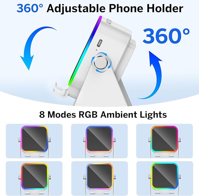 Wireless Induction Speaker 5-in-1 Bluetooth Speaker with Phone Stand,Stereo Sound, 3500mAh Rechargeable, 8 RGB Ambient Light, 360° Adjustable Holder for iPhone/Android/iPad,Gifts for Men Women (White)