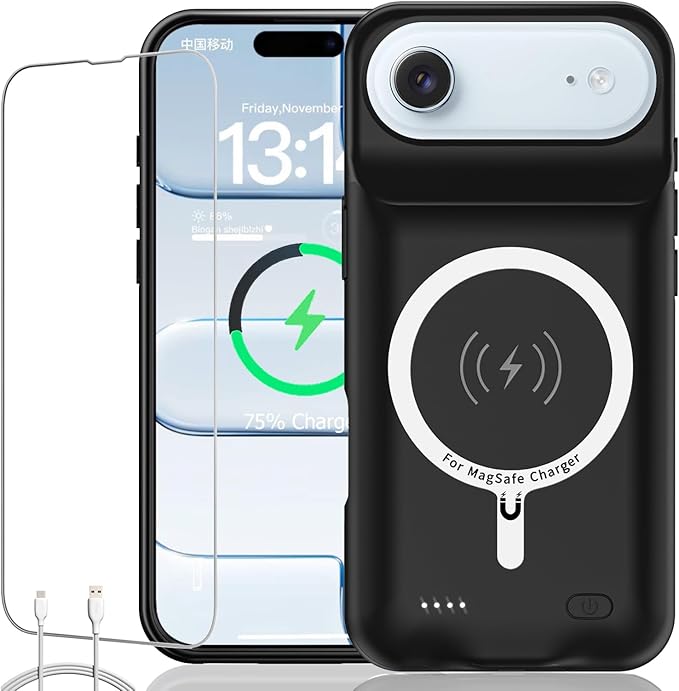 Battery Case for iPhone Air, Upgraded 12000mAh Rechargeable Portable Extended Battery Pack Supported Qi Wireless Charging Case Compatible with iPhone Air(6.5 inch) Charger Cover Power Bank (Black)