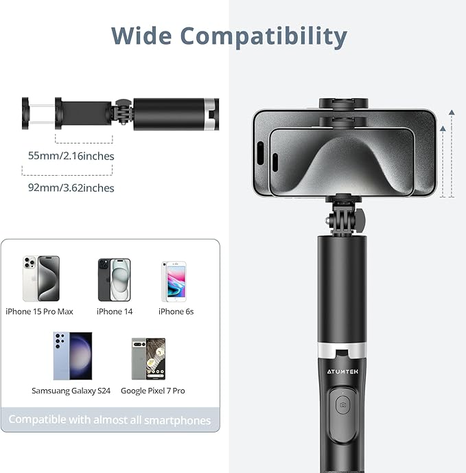 ATUMTEK 63"" Phone Tripod, Extendable Selfie Stick Tripod with Bluetooth Remote, All-in-One Aluminum Phone Tripod Stand with Cold Shoe Mount for 4”-7” iPhone and Android Smartphones Black, ATSS175