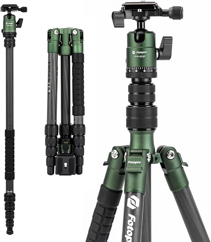 Fotopro 59" Carbon Fiber Travel Tripod, Compact Camera Tripod with Metal Ball Head, Detachable Monopod with Quick Release Plate and Bag, Load up to 8KG/17.63lbs