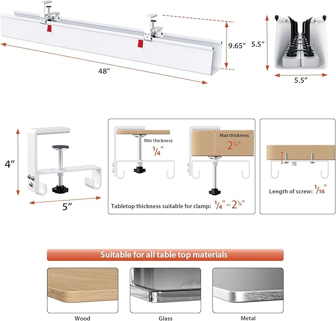 Univivi No Drill Under Desk Cable Management Tray, 48" Cord Organizer for Table, Clamp/Screw Mount Desk Cable Management, Premium Fabric Cable Management Tray for Office, Home (Extra Large)