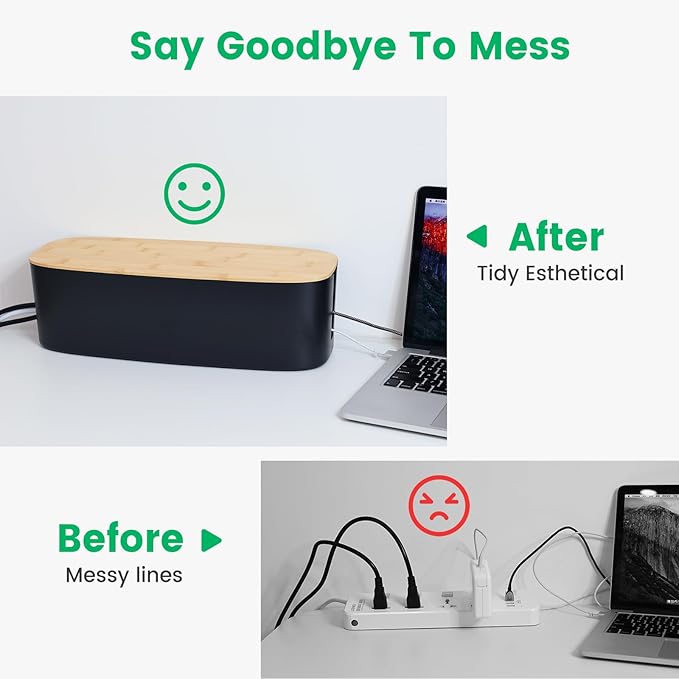 Large Cable Management Box - Cord Organize Box with Bamboo lid for Safe Home & Office, Cord Hider for Power Strip Under Desk, Cover TV Wires, Child & Pet Proof Cord Box, Black