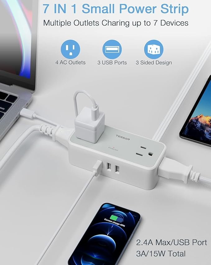Ultra Thin 5FT Flat Extension Cord, TESSAN Surge Protector Flat Plug Power Strip, 4 Wide Spaced AC Outlets 3 USB A, 900 Joules Protection, Suitable for Home Office Dorm