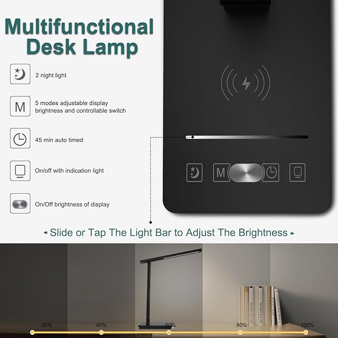 10 in 1 Smart Desk Lamp Led, Desk Light for Colleage Drom Room Office, Eye-Caring Table Lamp with Night Light, Lamp for Desk with 10W Wireless Charger, Dimmable Touch Lamp, Birthday Gifts for Women
