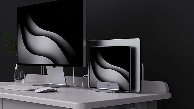 Dual Aluminum Vertical Laptop Stand Organizer, Sturdy Notebook Computer Holder Stand Compatible with New Liquid Retina XDR Apple MacBook Air/Pro, Mac mini, Apple TV and iPad Pro - Spacegray