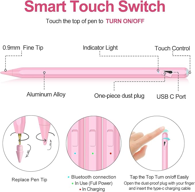 Stylus Pen for iPad 2018-2025 with Palm Rejection, Apple Pencil for Pad11th/10th/9th/8th/7th/6th Gen, iPad Pro 11/12.9 inch, New iPad Air 2025 11&13-inch(M3/2) /5th/4th/3th Gen, iPad mini 6th/5th