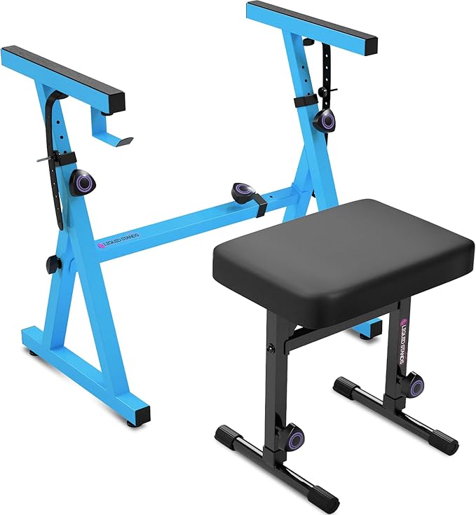Liquid Stands Portable Heavy Duty Digital Piano Stand & Bench Set - Adjustable Keyboard Music Stand & Seat for 54-88 Key Electric Pianos (Light Blue)