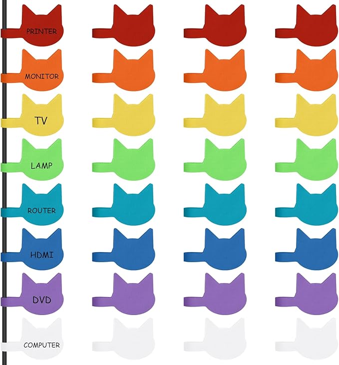 Trilancer Cord Labels Cable Label, Multicolored Handwriting Cord Tags - Kitty Head Shape Tags for Organizing Wires and Identification, Reusable with Multiple Uses - 32 PCS