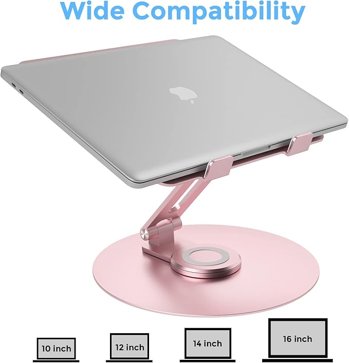 Swivel Laptop Stand for Desk, Adjustable Height Aluminum Computer Stand with 360 Rotating Base, Foldable Ergonomic Riser, Portable Laptop Holder Compatible with MacBook, All Laptops 10-17'', Pink