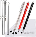 The Friendly Swede Stylus Pen for Touchscreen — 3-Pack 5.5" High Precision Stylus Pen with Replaceable Thin Tips, Elastic Lanyards & Screen Cleaning Cloth - Red/Black/Silver