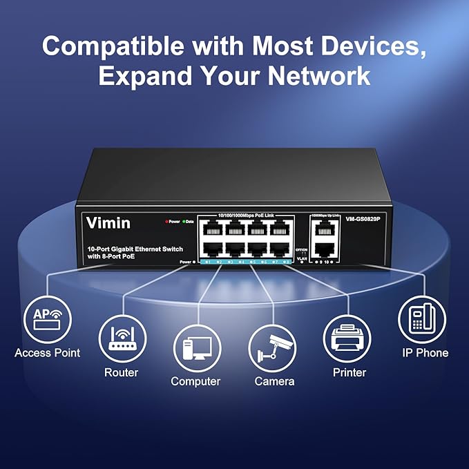 8 Port Gigabit PoE Switch with 2 Uplink Gigabit Ports, VIMIN 10 Port Unmanaged Ethernet PoE Switch with 120W Power, Support IEEE802.3af/at, VLAN, Metal Housing, Desktop or Wall-Mount, Plug & Play