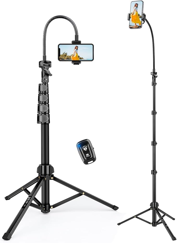Phone Tripod, 85" Tall Tripod for iPhone with Gooseneck and Remote, Overhead Phone Stand for Recording Watching Cooking Fitness Vlog, Compatible with iPhone Android, Black