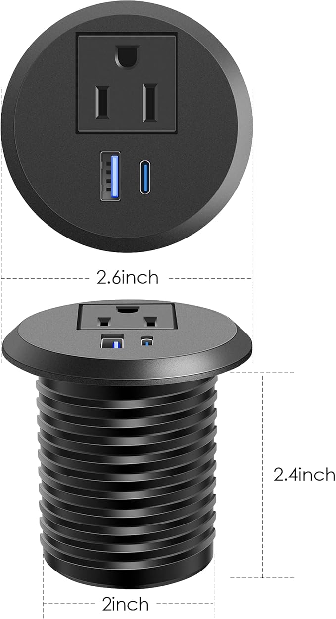 2 inch Desktop Power Grommet with PD 20W USB C,Ultra Thin Flat Plug Power Strip,Recessed Outlet,Slim Outlet Extender for Office,Table Outlets for Home, Office,6 ft Cable(Black)