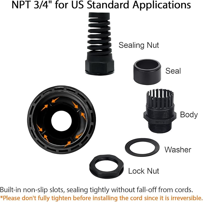 LeMotech 10Pcs NPT 3/4" IP68 Waterproof Cable Gland Flex Spiral Strain Relief Black Nylon Joint with Gaskets for 12.5-18mm Wire Thread