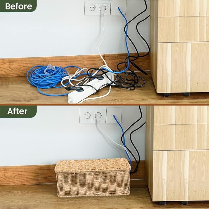 Cable Management Box, Handmade Rattan Cable Organizer, 2 Open Slots Cords Hider Box, Under Desk Cord Organizer for Computer Router USB Hub & Power Strip, Patent Pending, 13" x 5.1" x 5.1", Natural