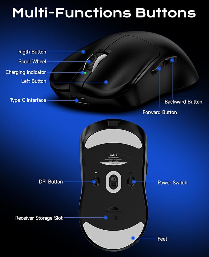 VGN F1 Pro Max Lightspeed Wireless Gaming Mouse with Dual-Mode 2.4G/Type-C Wired - 25K Sensor - 26,000 DPI - 55g Lightweight - 6 Programmable Buttons - Up to 200h Battery Life for PC/Mac- Black