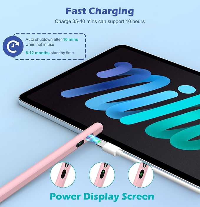 MoKo Stylus Pens for Touch Screens, Fast Charge Stylus Pen for Apple iPad/iPhone/Samsung/Lenovo/iOS/Android Tablets&Smart Phone Universal Stylus Capacitive Screen Pencil with Power Display, Pink