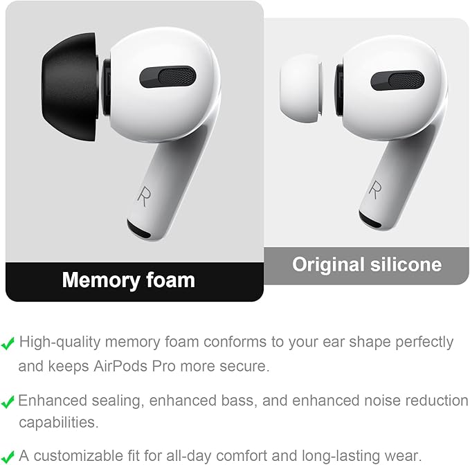 Lanwow Premium Memory Foam Tips for AirPods Pro & AirPods Pro 2nd Generation. No Silicone Eartips Pain. Anti-Slip Eartips. Fit in The Charging Case, 3 Pairs (Large, Black)