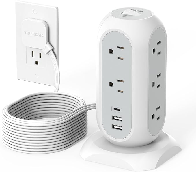 15 ft Extension Cord Tower Power Strip, 11 Outlets 3 USB(1 USB-C) Chargers, TESSAN Surge Protector with Multi Plug Outlet, 1050J Protection, Office Supplies, Desk Accessories, School Dorm Essential