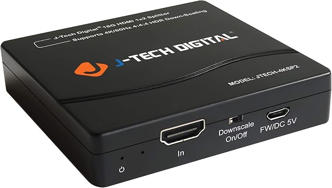 J-Tech Digital HDMI Splitter 1 in 2 Out 4K 60Hz Multi-Resolution Output (MRO) HDMI 2.0 Splitter Supports Downscale HDR HDR10 / Dolby Vision 4K@60Hz 4:4:4 HDCP2.3 2.2 (JTECH-4KSP2)