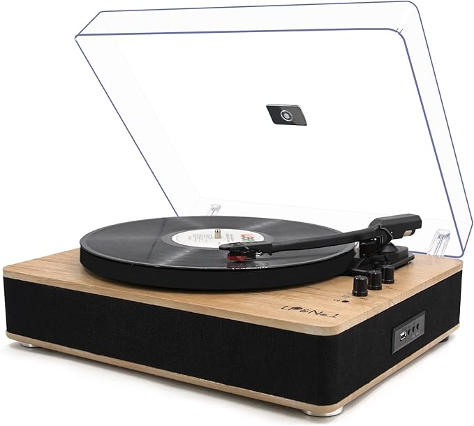 Vinyl Record Player 3-Speed Belt-Drive Turntable with Stereo Speakers and USB Play&Recording (Light Wood)